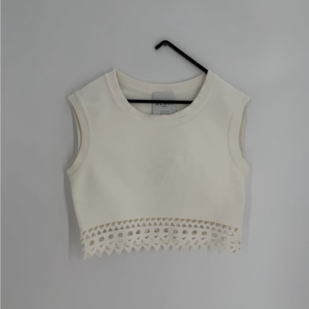Alaia Edition Cutout Vienne Perforated Stretch Knit White Crop Top